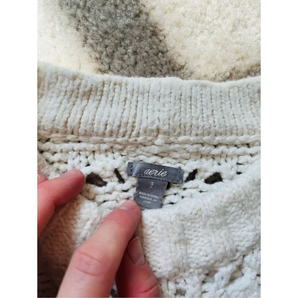 Aerie Cream Pointelle Chunky Knit Sweater Women’s Size S - Picture 7 of 11